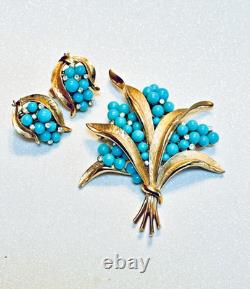 CROWN TRIFARI A. PHILIPPE Gold Tone Turquoise Rhinestone Bouquet Brooch Earrings CROWN TRIFARI A. PHILIPPE Gold Tone Turquoise Rhinestone Bouquet Brooch Earrings