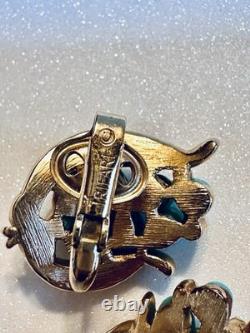 CROWN TRIFARI A. PHILIPPE Gold Tone Turquoise Rhinestone Bouquet Brooch Earrings CROWN TRIFARI A. PHILIPPE Gold Tone Turquoise Rhinestone Bouquet Brooch Earrings