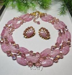 CROWN TRIFARI sign Stunning Necklace & Earrings Set Pink Art Glass AB Crystals