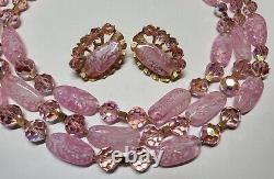 CROWN TRIFARI sign Stunning Necklace & Earrings Set Pink Art Glass AB Crystals