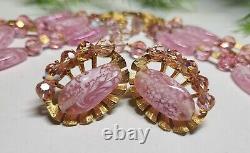 CROWN TRIFARI sign Stunning Necklace & Earrings Set Pink Art Glass AB Crystals