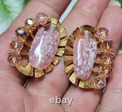 CROWN TRIFARI sign Stunning Necklace & Earrings Set Pink Art Glass AB Crystals