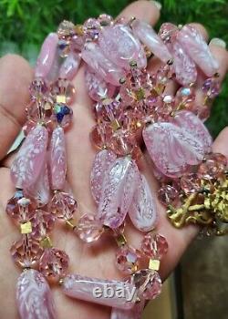 CROWN TRIFARI sign Stunning Necklace & Earrings Set Pink Art Glass AB Crystals