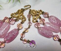 CROWN TRIFARI sign Stunning Necklace & Earrings Set Pink Art Glass AB Crystals