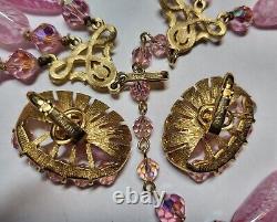 CROWN TRIFARI sign Stunning Necklace & Earrings Set Pink Art Glass AB Crystals