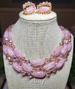 CROWN TRIFARI sign Stunning Necklace & Earrings Set Pink Art Glass AB Crystals