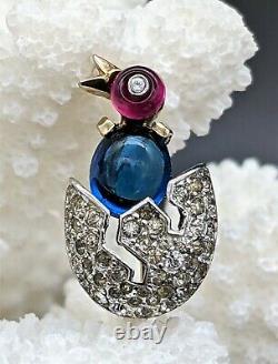 Collectible Trifari Alfred Philippe Miniature Sapphire, Ruby Chick in Egg Brooch