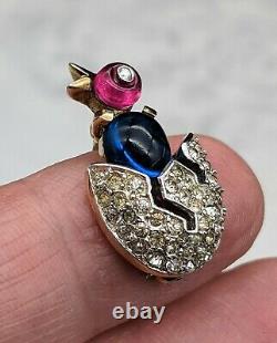 Collectible Trifari Alfred Philippe Miniature Sapphire, Ruby Chick in Egg Brooch