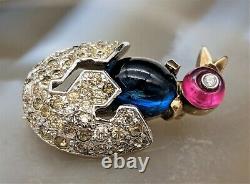 Collectible Trifari Alfred Philippe Miniature Sapphire, Ruby Chick in Egg Brooch