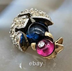 Collectible Trifari Alfred Philippe Miniature Sapphire, Ruby Chick in Egg Brooch