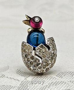 Collectible Trifari Alfred Philippe Miniature Sapphire, Ruby Chick in Egg Brooch