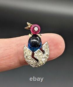 Collectible Trifari Alfred Philippe Miniature Sapphire, Ruby Chick in Egg Brooch