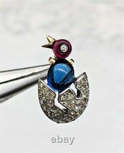Collectible Trifari Alfred Philippe Miniature Sapphire, Ruby Chick in Egg Brooch