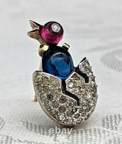 Collectible Trifari Alfred Philippe Miniature Sapphire, Ruby Chick in Egg Brooch