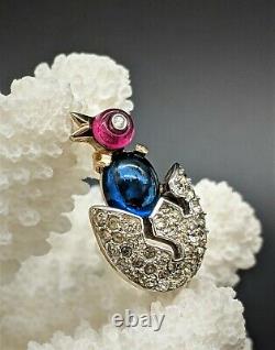 Collectible Trifari Alfred Philippe Miniature Sapphire, Ruby Chick in Egg Brooch