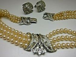 Crown Alfred Philippe Trifari 3 Strand Pearl Rhinestone Pave Necklace Earrings