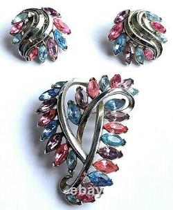 Crown TRIFARI Alfred Philippe Pink Blue Pastel Navette Brooch & Earring Set