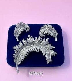 Crown Trifari 1952 Alfred Philippe Royal Plume Pave' Feather Brooch Earring Set
