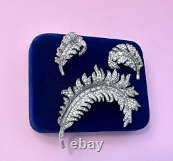 Crown Trifari 1952 Alfred Philippe Royal Plume Pave' Feather Brooch Earring Set