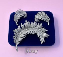 Crown Trifari 1952 Alfred Philippe Royal Plume Pave' Feather Brooch Earring Set