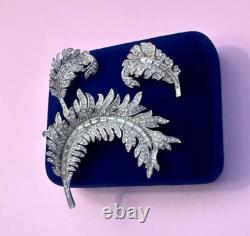 Crown Trifari 1952 Alfred Philippe Royal Plume Pave' Feather Brooch Earring Set