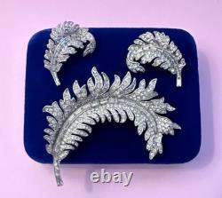Crown Trifari 1952 Alfred Philippe Royal Plume Pave' Feather Brooch Earring Set