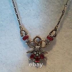 Crown Trifari ALFRED PHILIPPE Necklace RIBBON BOW Red Clear Rhinestone RARE FIND