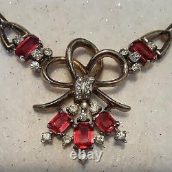 Crown Trifari ALFRED PHILIPPE Necklace RIBBON BOW Red Clear Rhinestone RARE FIND