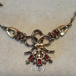 Crown Trifari ALFRED PHILIPPE Necklace RIBBON BOW Red Clear Rhinestone RARE FIND