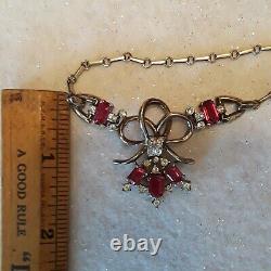 Crown Trifari ALFRED PHILIPPE Necklace RIBBON BOW Red Clear Rhinestone RARE FIND