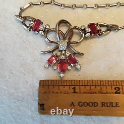 Crown Trifari ALFRED PHILIPPE Necklace RIBBON BOW Red Clear Rhinestone RARE FIND