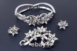 Crown Trifari ALFRED PHILIPPE Rhinestone Silvertone Brooch Bracelet Earrings Set