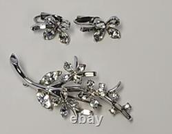 Crown Trifari ALFRED PHILIPPE Rhinestone Silvertone Brooch Earrings Set Leaf VTG