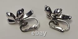 Crown Trifari ALFRED PHILIPPE Rhinestone Silvertone Brooch Earrings Set Leaf VTG