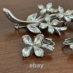 Crown Trifari ALFRED PHILIPPE Rhinestone Silvertone Brooch Earrings Set Leaf VTG