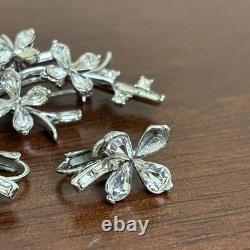 Crown Trifari ALFRED PHILIPPE Rhinestone Silvertone Brooch Earrings Set Leaf VTG