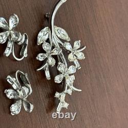 Crown Trifari ALFRED PHILIPPE Rhinestone Silvertone Brooch Earrings Set Leaf VTG