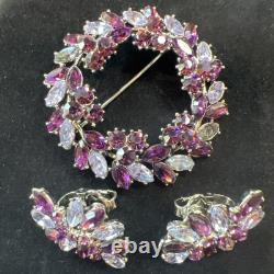 Crown Trifari Alfred Philippe 1961 Purple Rhinestone Brooch & Earring Set