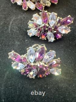 Crown Trifari Alfred Philippe 1961 Purple Rhinestone Brooch & Earring Set