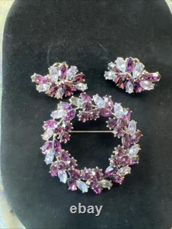Crown Trifari Alfred Philippe 1961 Purple Rhinestone Brooch & Earring Set