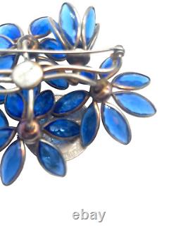 Crown Trifari Alfred Philippe Atr. Blue Glass Flowers & Pearl Centers Brooch