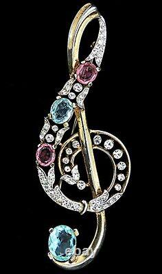 Crown Trifari Alfred Philippe Blue Pink Clear Rhinestone Treble Clef Brooch