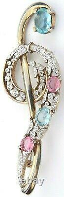 Crown Trifari Alfred Philippe Blue Pink Clear Rhinestone Treble Clef Brooch