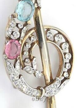 Crown Trifari Alfred Philippe Blue Pink Clear Rhinestone Treble Clef Brooch