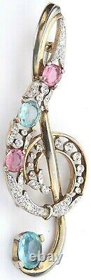 Crown Trifari Alfred Philippe Blue Pink Clear Rhinestone Treble Clef Brooch