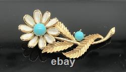 Crown Trifari Alfred Philippe Daisy Brooch White Gripoix Faux Turquoise Enamel