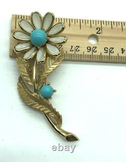 Crown Trifari Alfred Philippe Daisy Brooch White Gripoix Faux Turquoise Enamel