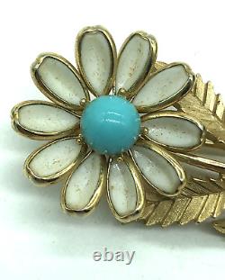 Crown Trifari Alfred Philippe Daisy Brooch White Gripoix Faux Turquoise Enamel