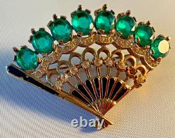 Crown Trifari Alfred Philippe Emerald Hand Fan Pat. Pending Missing crystal