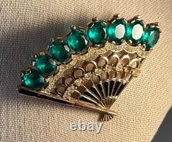 Crown Trifari Alfred Philippe Emerald Hand Fan Pat. Pending Missing crystal